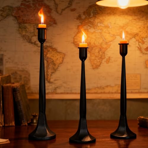 Set of 3 Black Iron Candlestick Holders – Tapered Candle Holders for 3/4" Candles, Tall Candle Stick Set for Dining Table, Wedding, and Home Décor - color: Black