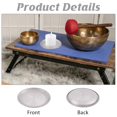 GLOBLELAND 4 Pack Silver Gray Decorative Iron Plate Candle Holder Stainless Steel Round Candles Tray Holders Set Decorative Pillar Candle Holder Dish for Table Centerpiece