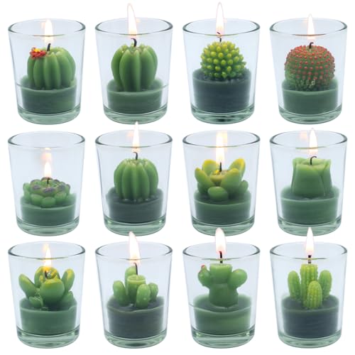12 Pcs Decorative Succulent Cactus Tealight Candle Set - Handmade Mini Glass Holders, Decorative Votive Candles for House-Warming Party Wedding Baby-Shower and Home Decoration Gifts