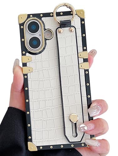 Compatible with iPhone 17 Case Luxury Designer for Women Girls,Rectangle Crocodile Leather with Wristband Strap Stand Holder Protective Phone Cover for iPhone 17-6.3 inch (White) - color: White, size: For iPhone 17