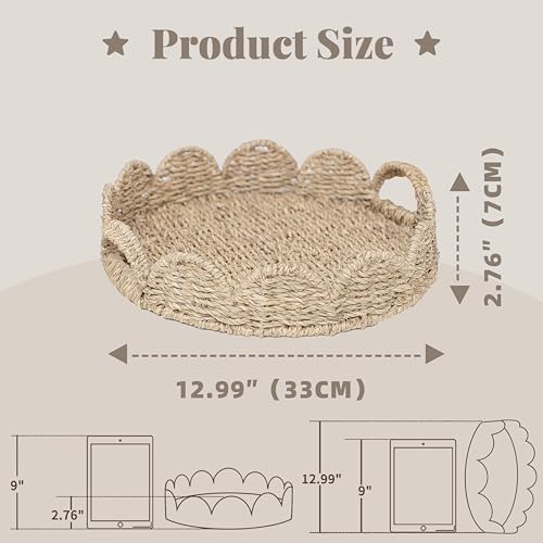 GYASVWU Seagrass Scalloped Tray with Handles,Round Rattan Serving Trays for Coffee Table,Woven Tray for Ottoman Decorative and Organizer Trays (Seagrass) - color: Seagrass