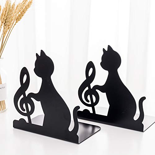 Decorative Art Bookends Cute Cat Playing Music Nonslip Book Ends Supports Books Organizer Heavy Duty Iron Book Stands Stoppers Office School Library Animal Music Note Black Metal Books Holders Racks - color: Music Note Cat