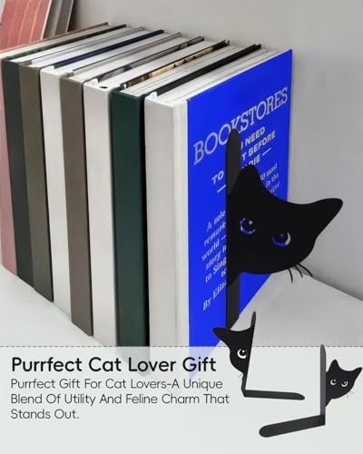 Metal Cat Bookends, 1 Pair Cute Cat Bookends for Shelves Decorative for Home Office Desk Bookshelf Decor (Black,Full-face) - color: Cat-half-face