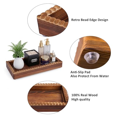 Bathroom Counter Organizer Tray, Wooden Countertop Vanity Trays with Beaded Edge, Farmhouse Decorative Tray Stand for Toilet Tank Candle Sink Kitchen Coffee Bar