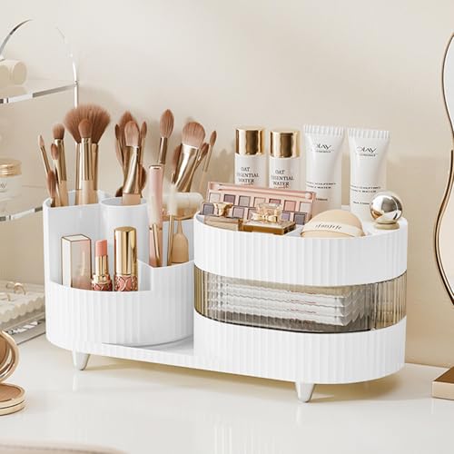 Rotating Cosmetic Organizer - 3 Layer Storage, Brush Holder, Drawer, Countertop Makeup Skincare & Perfume Organizer, Lotions Display Case (White) - color: ‎3 Layer Makeup Organizer-Pure White