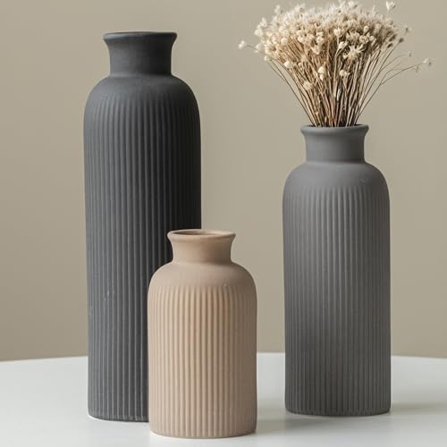 Modern Ceramic Vase Set, Black Ribbed Matte Design, 3-Piece Decorative Vases for Home, Living Room, Office (Black Mix) - color: Black Mix