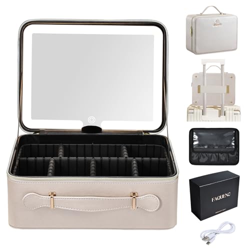 Faquenc Leather Makeup Case with LED Lighted Mirror 11.4 Inch Travel Makeup Bag Adjustable Brightness in 3 Colors Cosmetic Organizer Artist Storage Bag with Dividers Brush Holder Bag Vanity Pale Gold - color: WA-Pale Gold 11.4 Inch, size: 2-Medium
