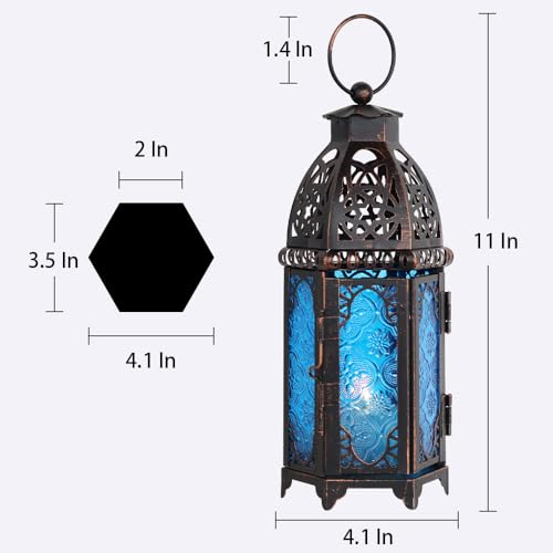 NEEDOMO Hanging Moroccan Lantern, 11'' Vintage Candle Holder, Metal Lanterns Decorative Indoor Outdoor, Table, Patio, Porch, Shelf, Gothic Home Decor (Blue, Medium Size) - color: Blue, size: Medium