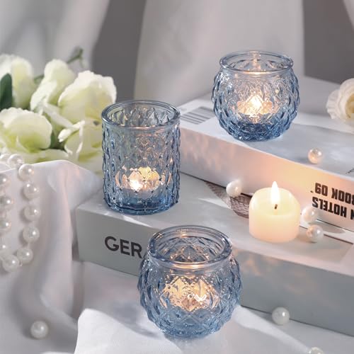 DARJEN Blue Glass Votive Candle Holders Set of 24 - Round Tea Lights for Wedding, Shower, Party & Gift - color: Blue, size: 24 Pcs