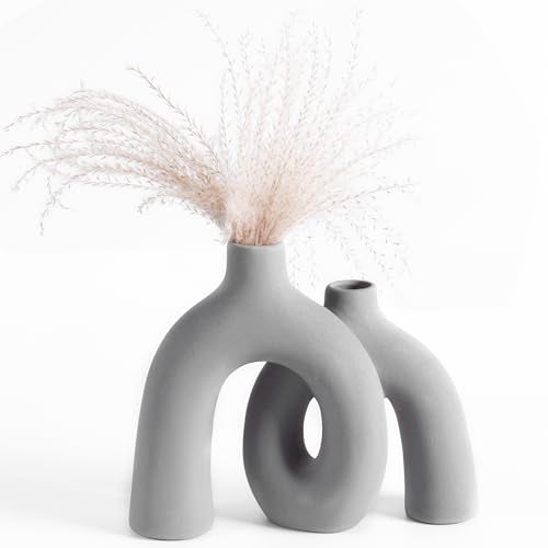 Ceramic Hug Vase (Soft Gray) Modern Donut Style Hugging Vases for Flowers Minimalist Decor – Hollow Ceramic Waterproof Home Decor Vases for Living Room, Bed Room, Book Shelf, Entryway Table. - color: Soft Gray
