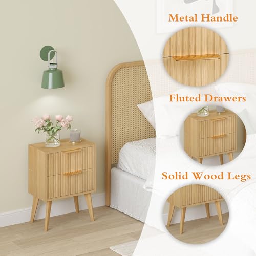 YAUKOMEL Fluted Nightstand,Small Bedside Table,Natural Wood Night Stand,Light Wood Side Table with Solid Wood Legs,End Table for Bedroom,Small Space 11.8" D x 15.7" W x 22.8" H Natural CTG55Y - color: Natural, style: Fluted Style