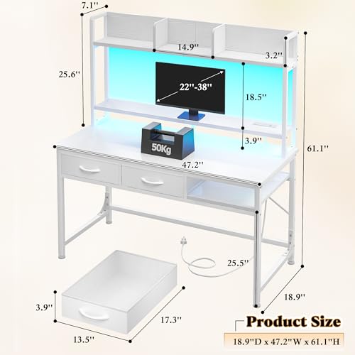 Durayloly 47.2"Computer Desk with Storage Rack&Monitor Stand, Gaming desk with LED&Power Outlet, Computer Desk with Hutch &2Drawers,Modern Study Writing Desk for Bedroom Home Office,Small Space,White - color: White, size: 18.9"D x 47.2"W x 61.1"H