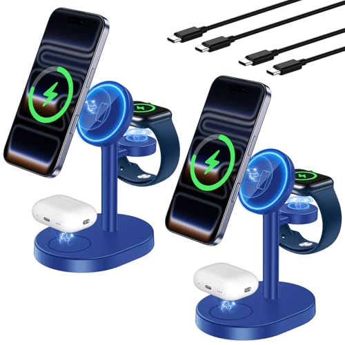 Hevanto 2026 3 in 1 Wireless Charging Station for Apple MagSafe Charger, 15W Fast Magnetic Mag-Safe Charger Stand for iPhone 17 16 15 14 13 12 iWatch AirPods 2 Pack (Adaptor Not Included) - color: 2Pack_MagBlue