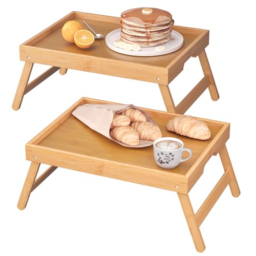 Fibogollo 2 Pack Bamboo Bed Tray Table with Folding Legs,Breakfast Trays,Serving Tray for Food and Snack,Laptop Trays for Working(Natural) - color: Natural, size: 2 PC