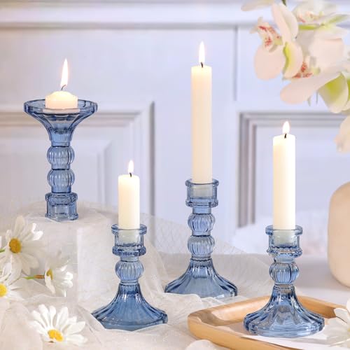 DARJEN 6Pcs Blue Candlestick Holders Set - 4" H & 5" H Striped Taper Candle Holders Bulk, Glass Candle Holders for Wedding, Festival, Party, Table Centerpiece, Gifts - color: Blue, size: Striped Pattern
