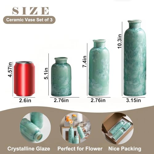 Modern Ceramic Vase Set of 3, Green Crystalline Glaze Colors, Decorative Bottles for Home, Farmhouse Rustic Decor Housewarming Gifts, Wedding Gifts, Birthday Gifts for Women(Crystalline Glaze Green) - color: Crystalline Glaze Green