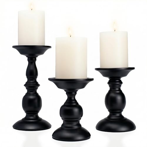 Black Pillar Candle Holders Set of 3, Vintage Candle Holder for Table Centerpiece & Fireplace Decor, Decorative Antique Candle Stand for Dining & Living Room Decoration