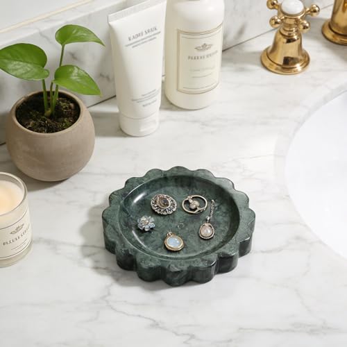 Koville 5.51" Scalloped Marble Tray, Round Stone Jewelry Trinket Dish for Ring, Natural Small Marble Tray for Bathroom Kitchen Dresser Countertop, Decorative Candle Tray(Green) - color: Sage Green, size: D=5.51"