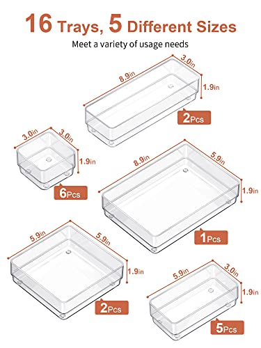 SMARTAKE 16-Piece Drawer Organizer with Non-Slip Silicone Pads, 5-Size Desk Storage Tray for Makeup, Jewelries, Utensils in Bedroom Dresser, Office and Kitchen, Clear - size: Medium