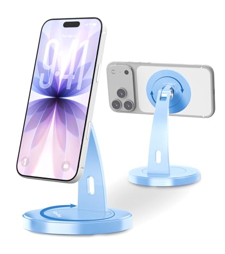 Aoviho Magnetic Phone Stand for Desk – 360° Rotating Aluminum Phone Holder, Stable Desk Stand for Office, Home & Kitchen, Compatible with iPhone 17 Pro Max 16–12 Series and MagSafe Cases, Sky Blue - color: Sky Blue