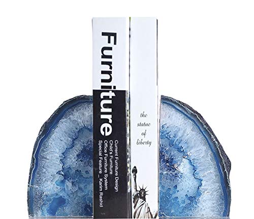 JIC Gem Dyed Blue Agate Bookends Geode Decorative Book Ends for Heavy Books with Rubber Bumpers for Office and Home Decoration Polished Small Size 2 to 3 Lbs - color: Blue Dyed, size: 2-3LBS.