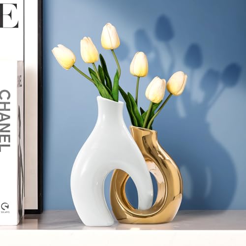 White and Gold Vases, Set of 2 vases Flowers, Pretty Vase Home Decor Boho, Hollow Modern Ceramic vase for Centerpieces - color: Gold Ocean