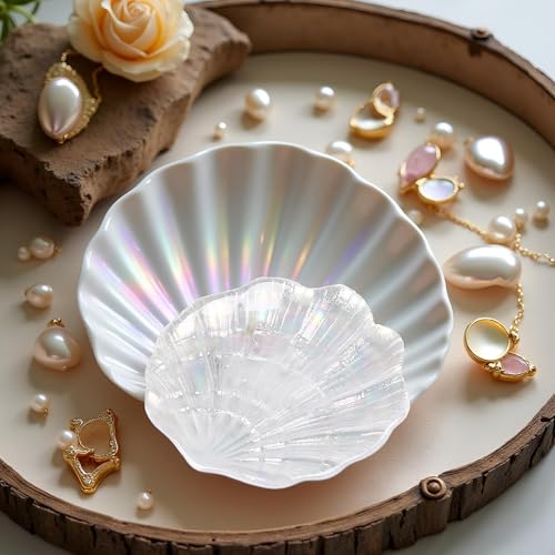 Glitter Glass Jewelry Dish Tray Sparkle Iridescent Seashell Shell Soap Dish Jewelry Organizer for Women Girls Jewelry Trays Jewelry Boxes and Organizers