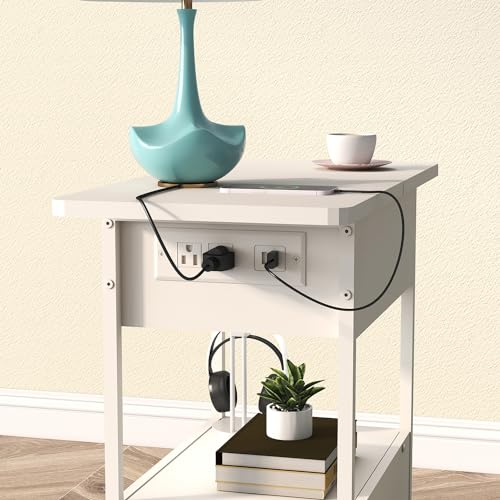 SOOWERY End Table with Charging Station, Narrow Side Table with Flip Top Cabinet and Fabric Drawer, Nightstand Bedside Tables for Small Spaces, Bedroom, Living Room, White - color: White
