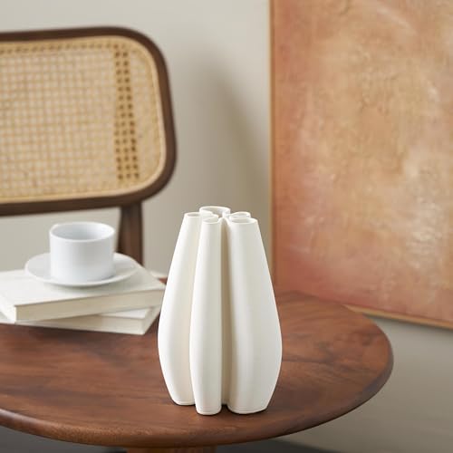 Deco 79 Ceramic Abstract Decorative Vase Ribbed Dimensional Concaved Centerpiece Vase with Floral Shaped Rim, Flower Vase for Home Decoration 6" x 5" x 9", White - color: White, size: 6" x 5" x 9"