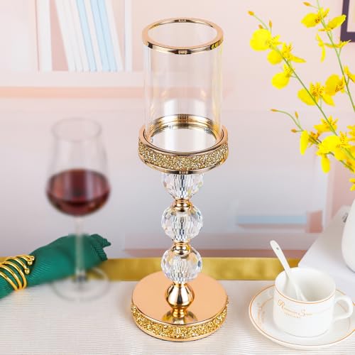 Hurricane Glass Candle Holders, Gold Pillar Candle Holders for Pillar Candle, Magnetic Glass Cover, Crystal Candlesticks Holder for Dining Coffee Table, Wedding,Events,Parties, Home Decor - size: 3 crystal balls