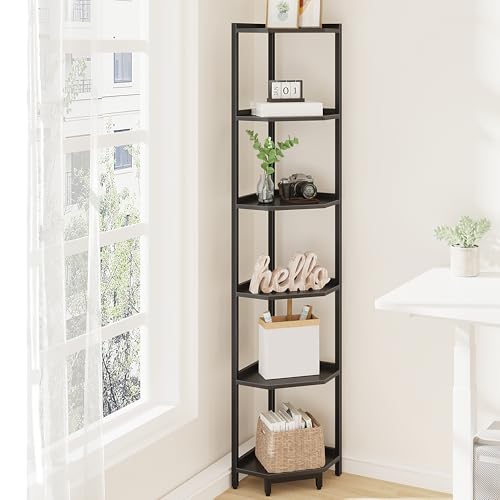 Hzuaneri Corner Shelf Stand, Corner Bookshelf, Storage Standing Shelf Unit with Metal Frame, Plant Stand, Bookcase for Living Room, Home Office, Bedroom, 6-Tier Black CS06006B - color: Black, size: 6 Tier