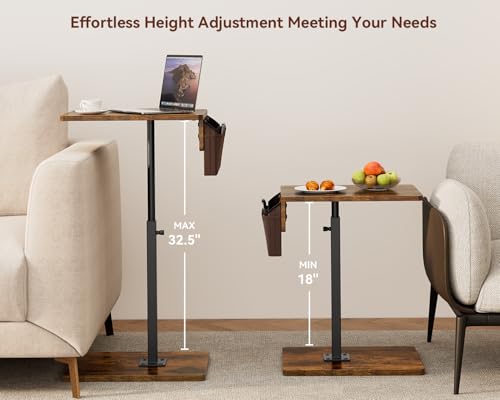 Vagusicc Sofa Armrest Tray Table for Couch, 360° Swivel Height Adjustable TV Tray Table for Small Spaces, Snack Side Table for Couch, Bed, Chair, C Shaped End Side Table for Eating, Reading, Laptop - color: Rustic Brown, style: With Storage Bag