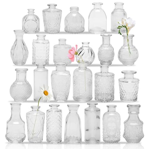 24PCS Clear Glass Bud Vases Set,Small Flower Arrangement Vase,Vintage Crystal Glass Design,Wedding,Party Decoration,Home Flower Arrangement (24)