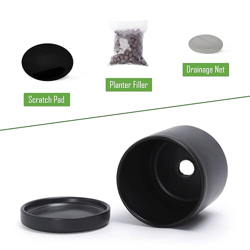 D'vine Dev Set of 2 Plants Pots, 3.5 Inch Ceramic Planter Pot for Plants with Drainage Hole and Saucer, Black, 94-V-A-2 - color: Black, size: 3.5 Inch