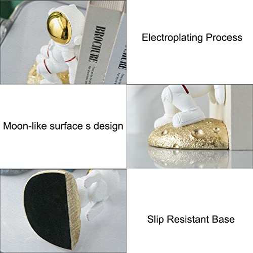 Space Theme Bookends for Shelves, Astronaut Moon Book Ends for Kids Room, Decorative Planet Book Stoppers to Hold Books Heavy Duty, Unique Boys and Girls Gift (Gold) - color: Gold - Astronauts