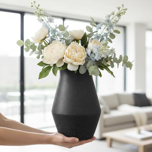 1pcs. Black Vase for Home Decor Table, Living Room, Entryway Ceramic Geometric Wide-Mouth for Flowers Textured Matte Unglazed Pottery - Black Height 11 in/Width 7.48 in/Opening 4.92 in - color: Black, size: 11 inch