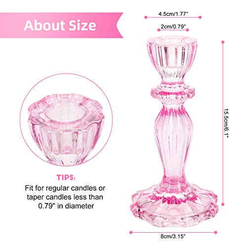 Glass Candle Holders, 2PCS Decorative Candle Stand Wide Base Candlestick Holder Table Centerpiece Decor for Wedding Festival Party Windowsill, Pink - color: Pink