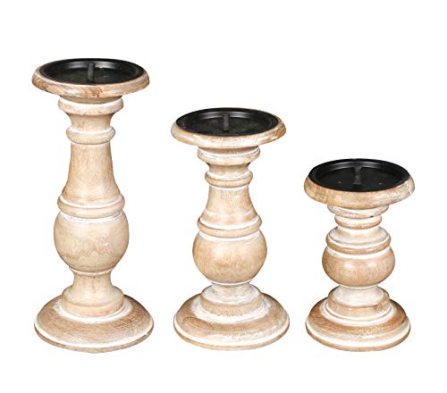 The Wooden Town White Wash Candle Holder Set of 3 – 10", 8", 6" Rustic Pillar Stands – Turned Wood Columns for Home Decor, Weddings, Spa, Parties – Country Farmhouse Style - color: White Wash, size: 6"+8"+10" - High
