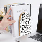 Wooden Bookends 2 Pcs,Black and White Polka Dots Heavy Duty Office Book Ends Anti Slip Book Shelf Holder with Metal Base Decorative Book Stands - color: Black and White Polka Dots