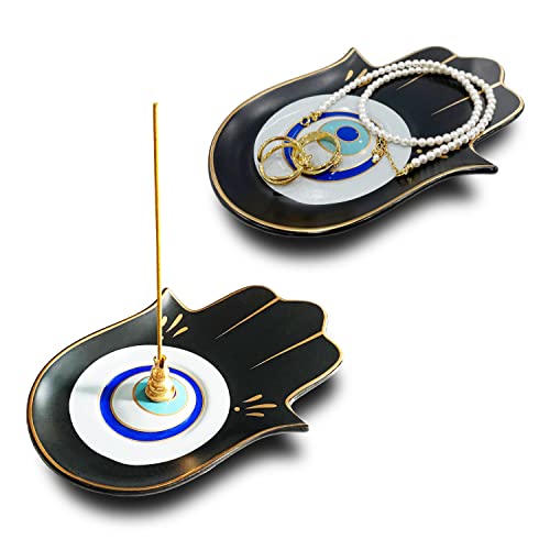 Ceramic Hamsa Hand Incense Holder - 2 in 1 Brass Incense Holder for Sticks and Coil Incense- Zen Decor with Hand of Fatima Design Protection from Evil - 6.2" L X 4.5" W (Blackeye) - color: Blackeye