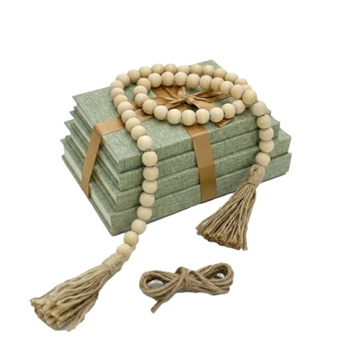 Decorative Books for Home Decor-Set of 4 Real Linen Decorative Books, Stacked Books with Wood Bead Garland, Jute Twine & Satin Ribbon, Neutral Modern Farmhouse & Boho Shelf Decor (Sage) - color: Sage