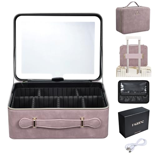 Faquenc Makeup Case with LED Lighted Mirror 11.4 Inch Travel Makeup Bag Adjustable Brightness in 3 Colors Cosmetic Organizer Artist Storage Bag with Dividers Brush Holder Bag Vanity Purple - color: WA-Purple 11.4 Inch, size: 2-Medium