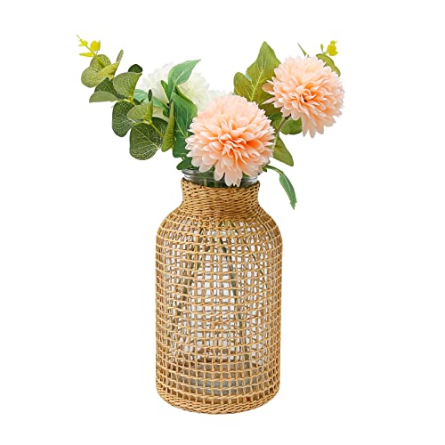 MDEOOSKY Straw Woven Glass Vase 7.87''x1.96''x4.13''Boho Glass Flower Vase Country Rustic Style Vase Glass Vase for Floral Arrangements Bottle Height (B Style 7.87IN) - size: 7.87IN