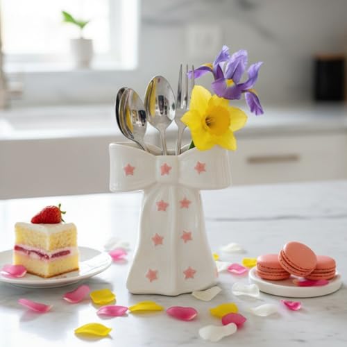 White Bow Vase, White and Pink Flower Vase for Home Decor, Ceramic Vases for Boho Style, Large Cute Vases for Ideal Shelf Decor/Table/Living Room. (Pink 3, Large) - color: Pink 3