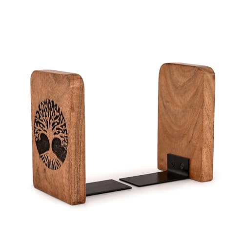 Kaizen Casa Bookends Iron & Acacia Wood Book Holders for Heavy Books - Fancy Modern Decorative Book Accessories (4" X 4" X 6") (Set of 2)