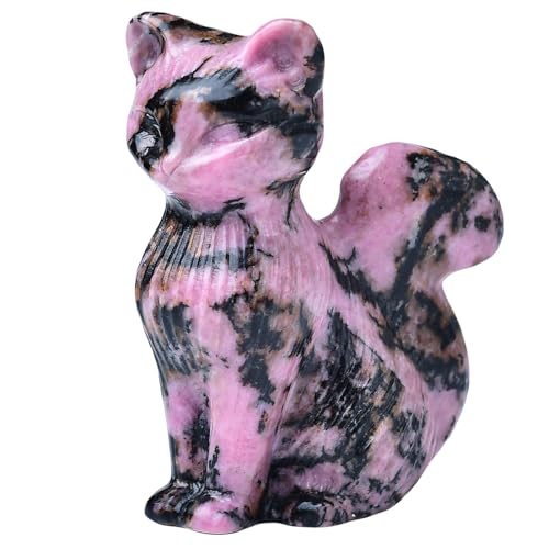Natural Rhodonite Crystal Cat Statue 2.4 Inch - Handmade Healing Sculpture, Lucky Guardian Pocket Statue for Reiki Meditation, Office & Home Decoration Gift - color: Rhodonite