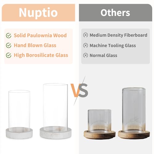 NUPTIO Hurricane Candle Holder for Wedding: Glass Cylinder Vase with Distressed White Wood Plate - Set of 2 Tall Pillar Candles Holder for Christmas Thanksgiving Holiday Decoration - color: Rustic White
