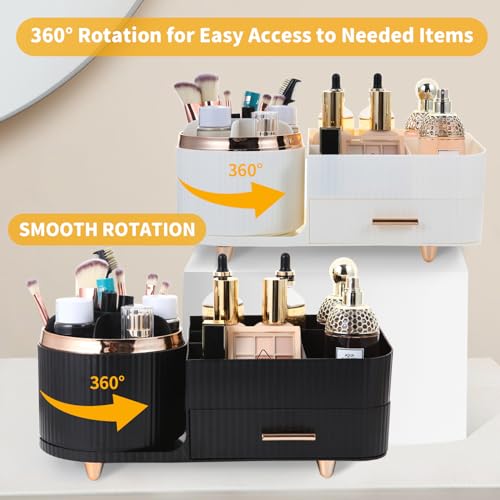 Makeup Organizer Countertop with Drawer 360 Rotating Brush Holder Storage Large Capacity Skincare Cosmetic Display Cases for Vanity Bathroom Desktop, Model 3016 White - color: White