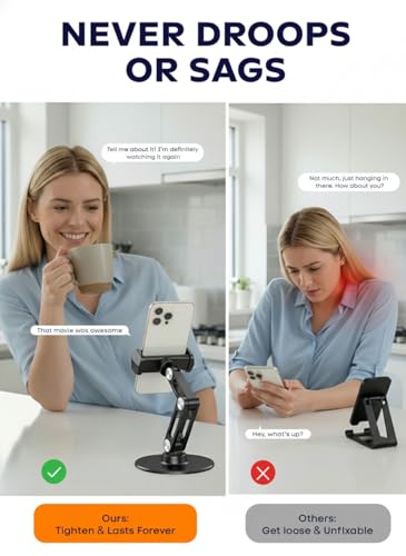Phone Stand for Desk - Adjustable Height and Angle Foldable Cell Phone Stand Holder, No Dropping Stable Triple-Clamp Holder, Adjustable Tightness, Compatible with iPhone Android Phones, White