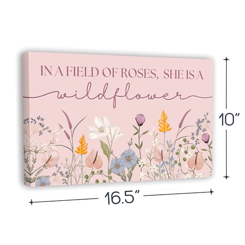 HoneyKICK Nursery Wall Art Décor For Baby Girl Room - In a Field of Roses She is a Wildflower - Sized 16.5" x 10" For Toddler & Children's Floral Bedroom Wall Décor